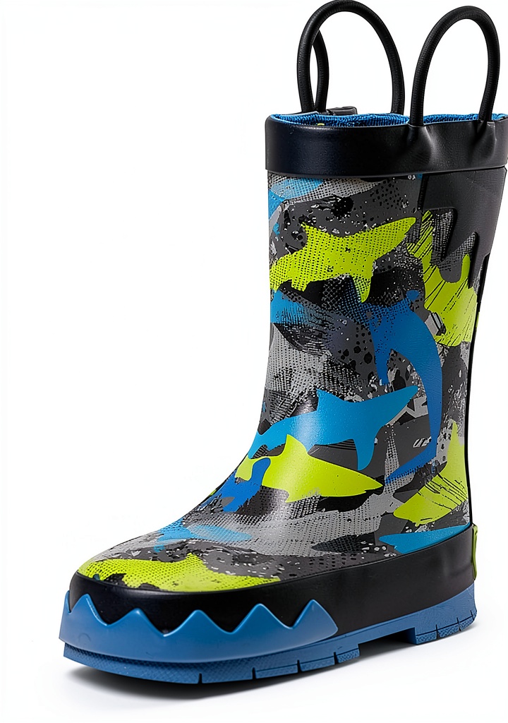 Western Chief Kids Shark Rain Boots in blue on a rainy day